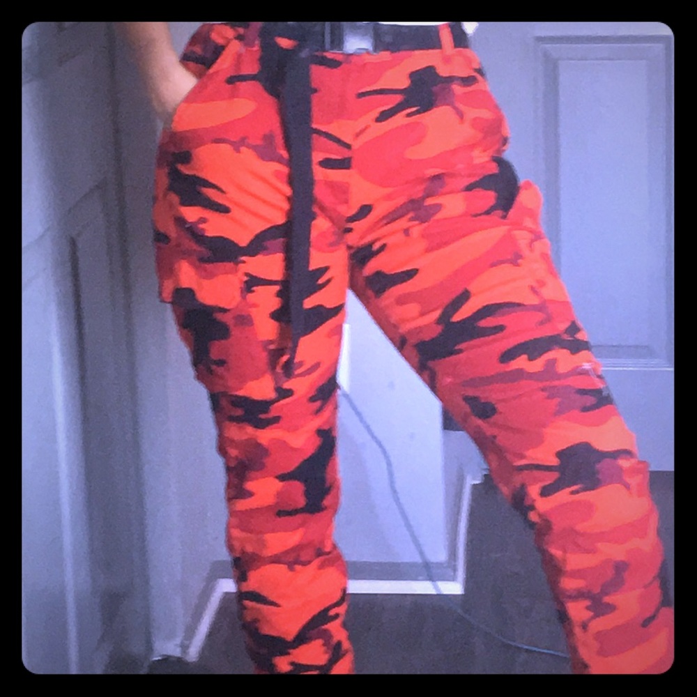 Fierce red, black, and orange camouflage pants